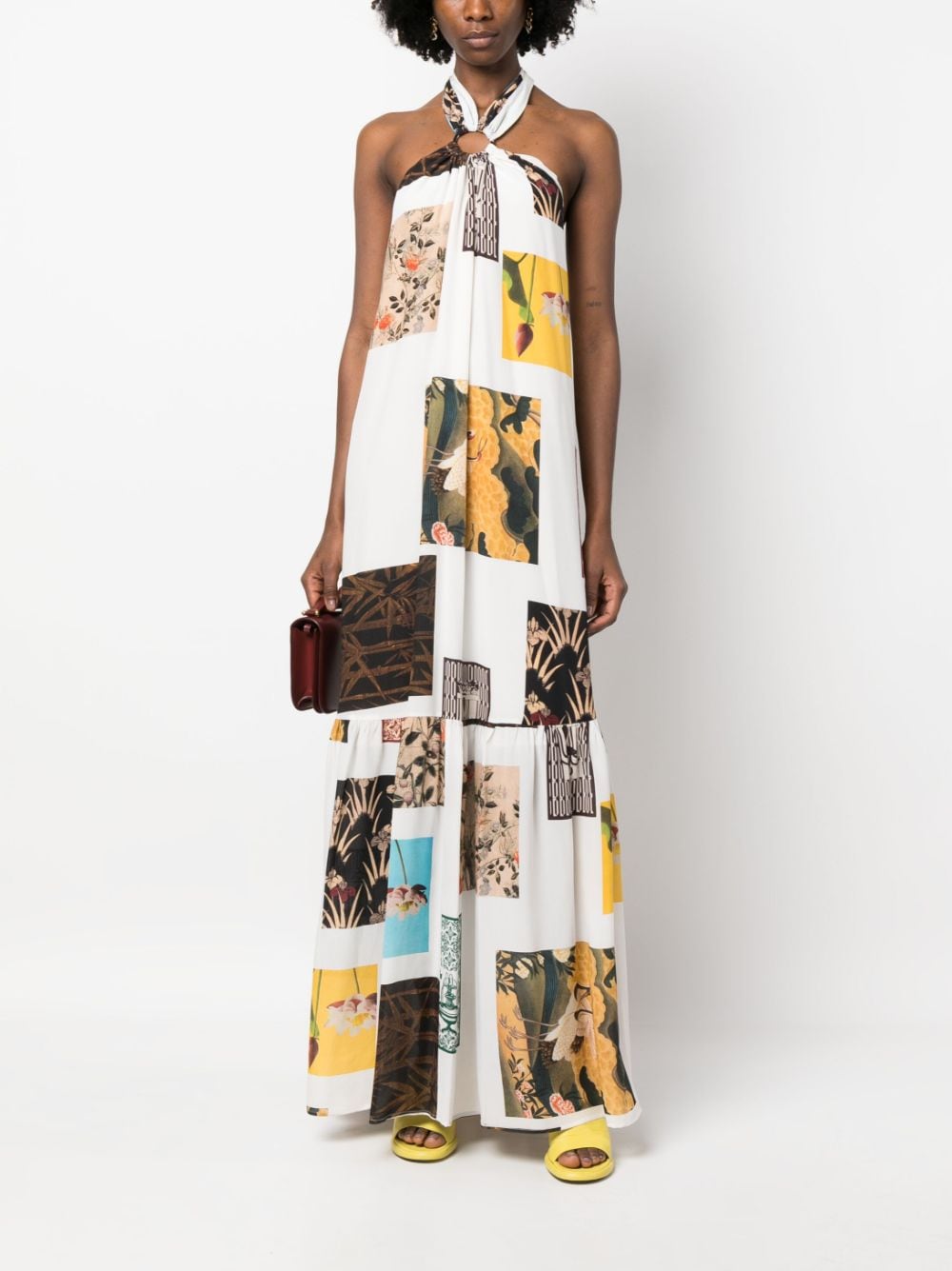 Shop Erika Cavallini Graphic-print Halterneck Maxi Dress In Neutrals
