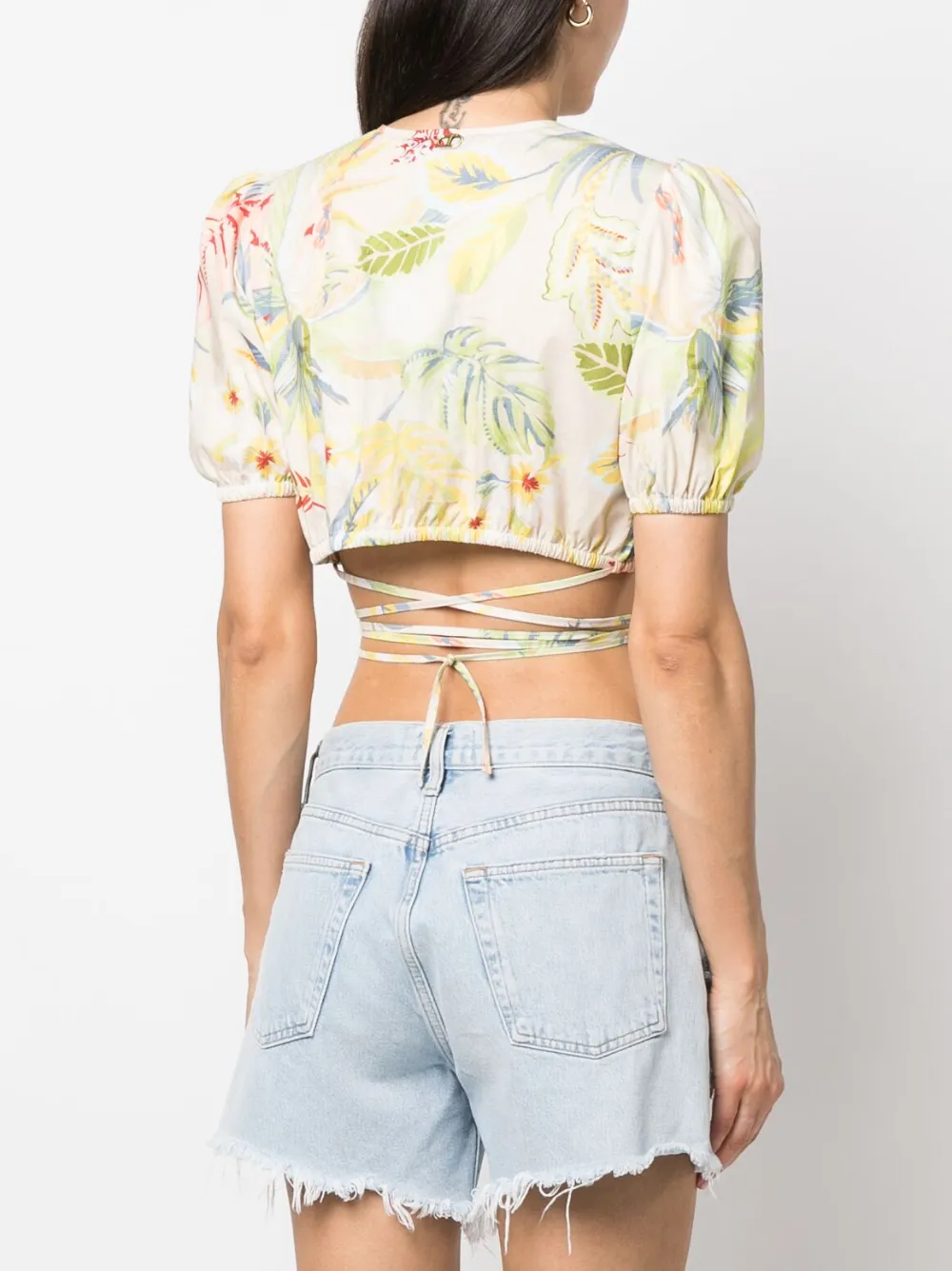Twinset Floral-print Wraparound Cropped Top In Neutrals
