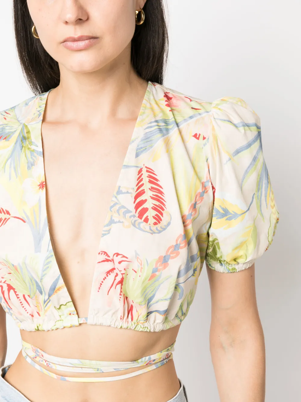 Twinset Floral-print Wraparound Cropped Top In Neutrals