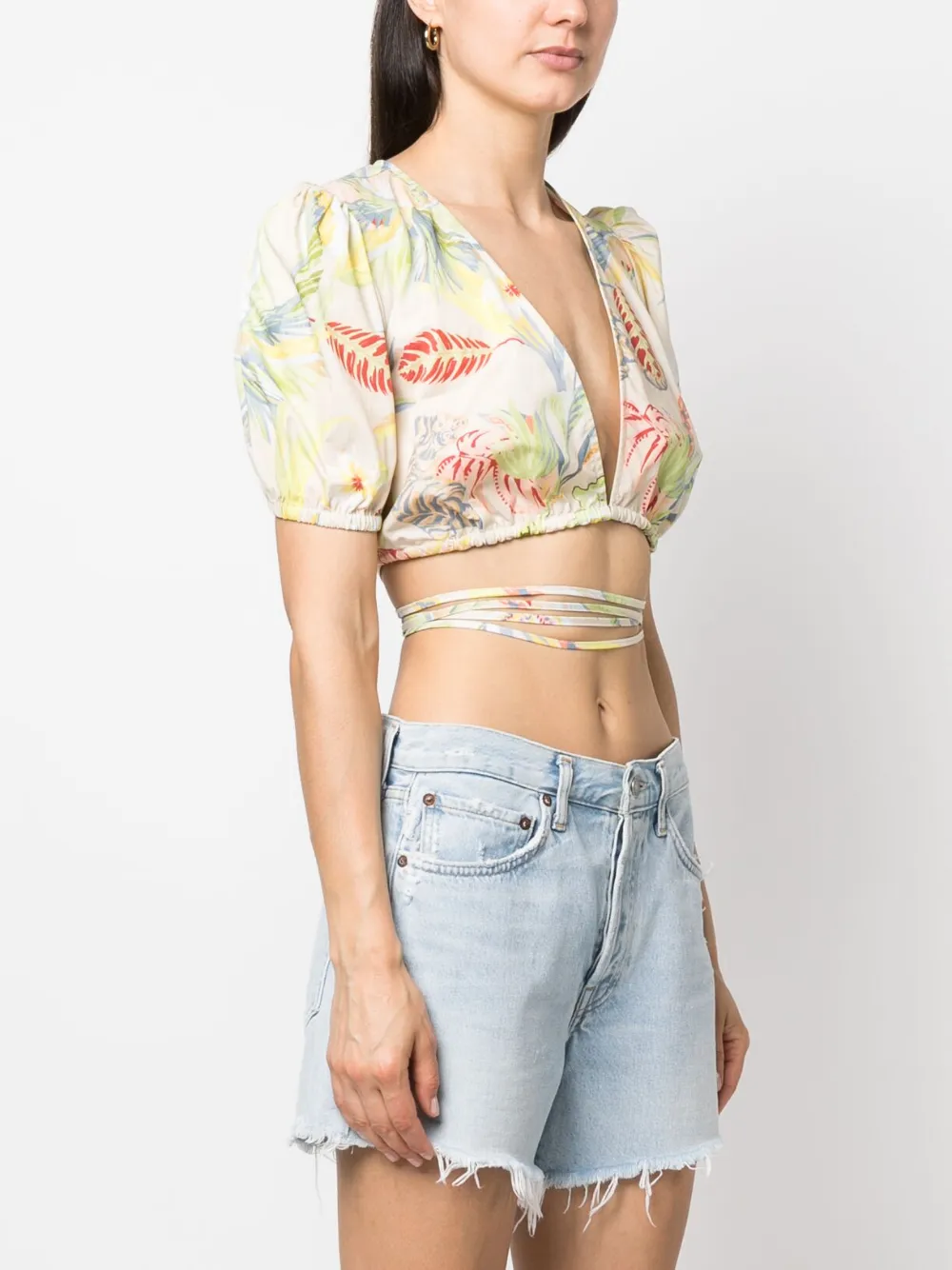 Twinset Floral-print Wraparound Cropped Top In Neutrals