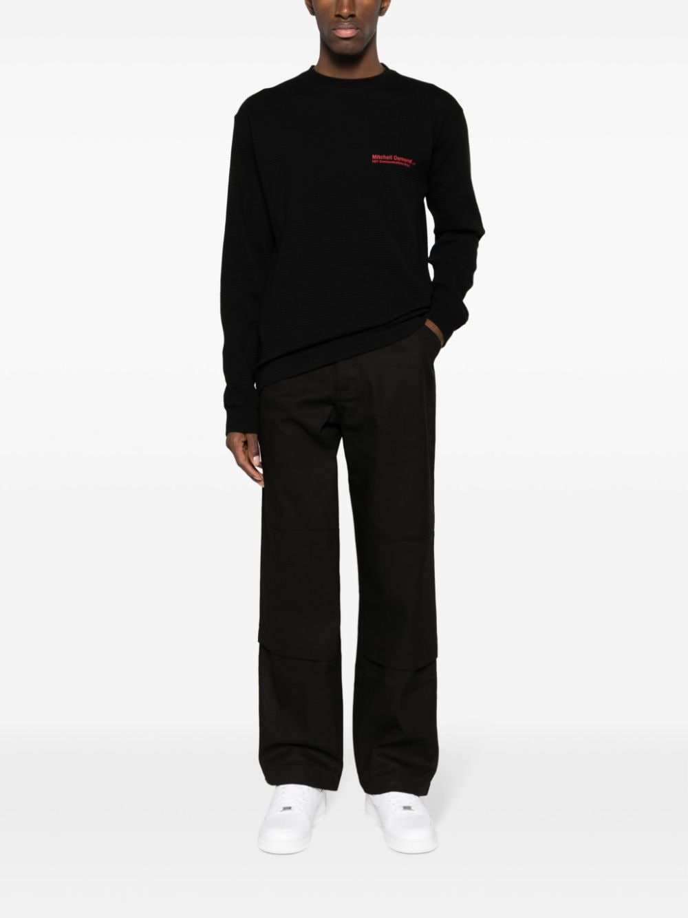 Shop Gr10k Logo-tag Cotton Straight-leg Trousers In Black