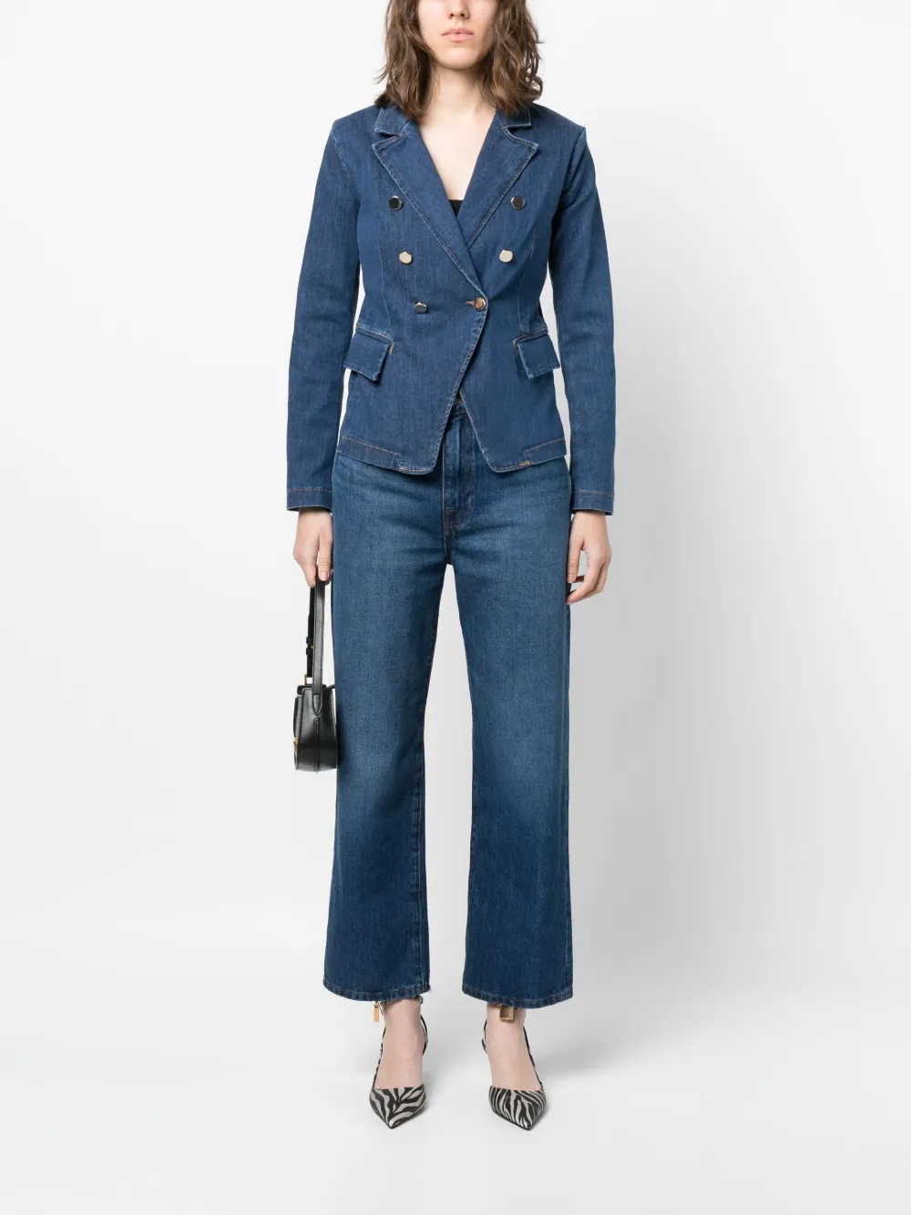 Shop Liu •jo Double-breasted Denim Blazer In Blue