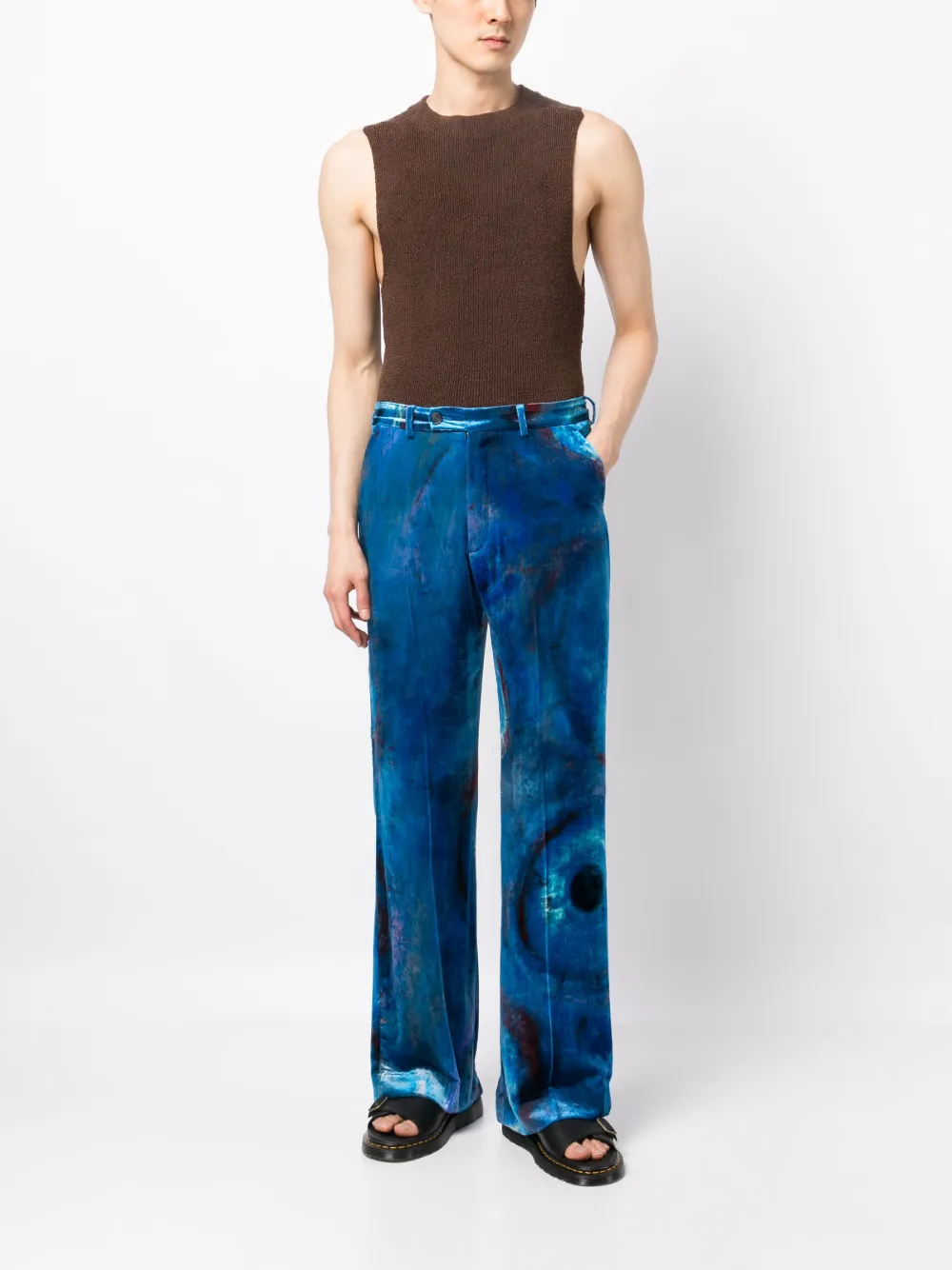 Marni painterly-print flared velvet trousers - Blauw