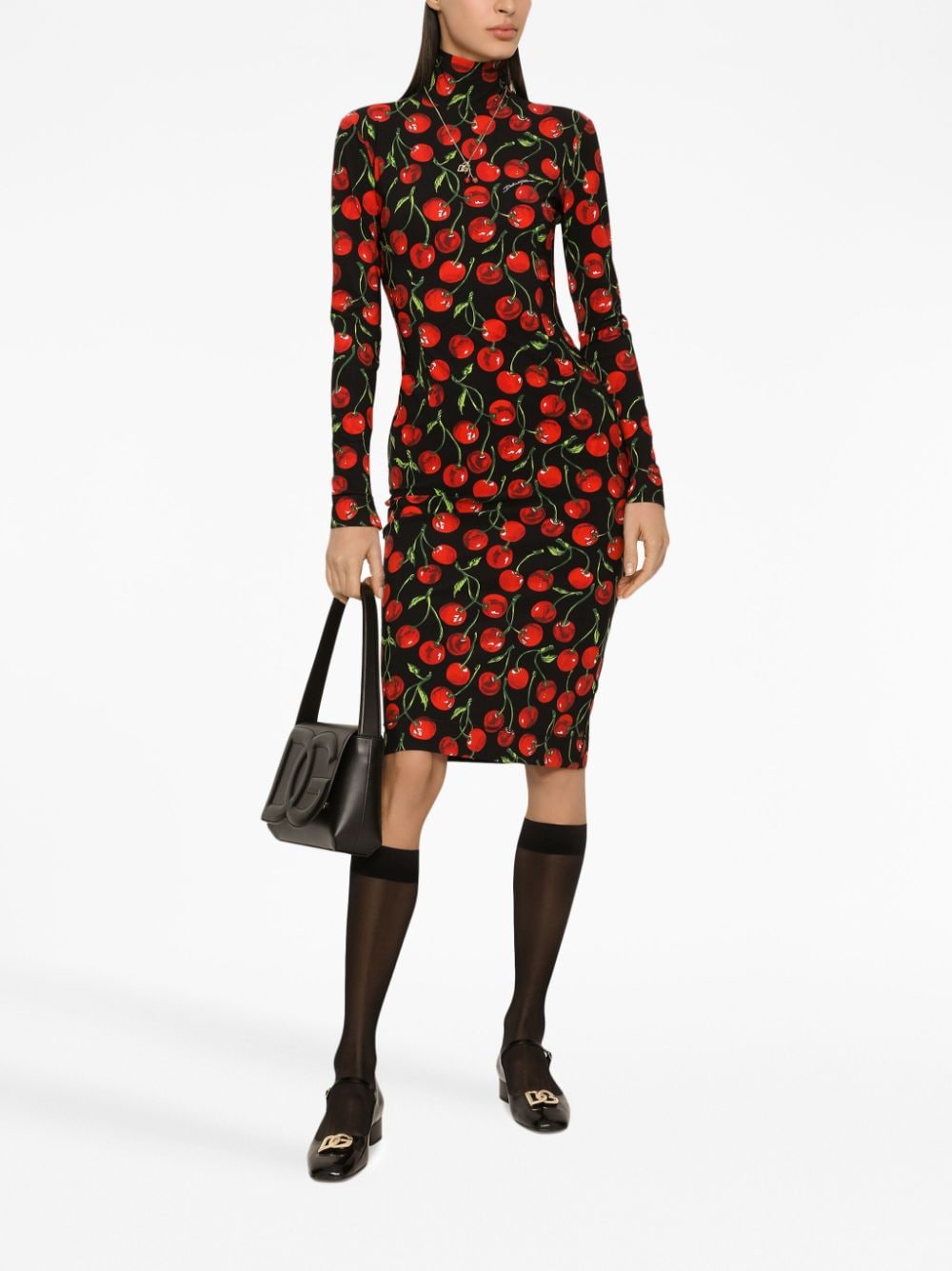 Shop Dolce & Gabbana Cherry-print Midi Dress In Black