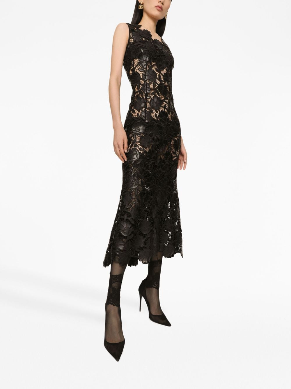 Shop Dolce & Gabbana Floral-lace Midi Dress In Black