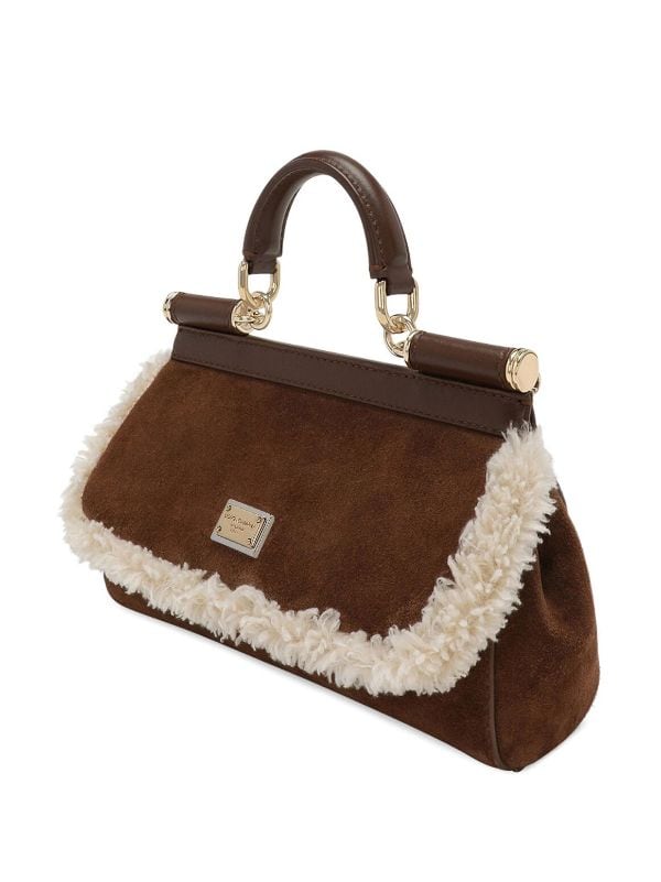 Sicily Medium Faux Shearling Tote Bag in Brown - Dolce Gabbana