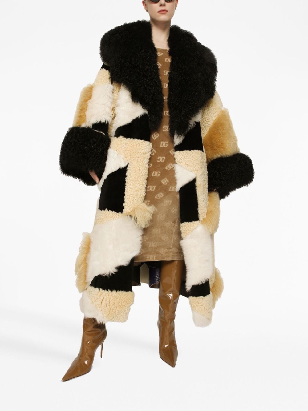 Shop Dolce & Gabbana Patchwork-design Faux-fur Maxi Coat In Neutrals