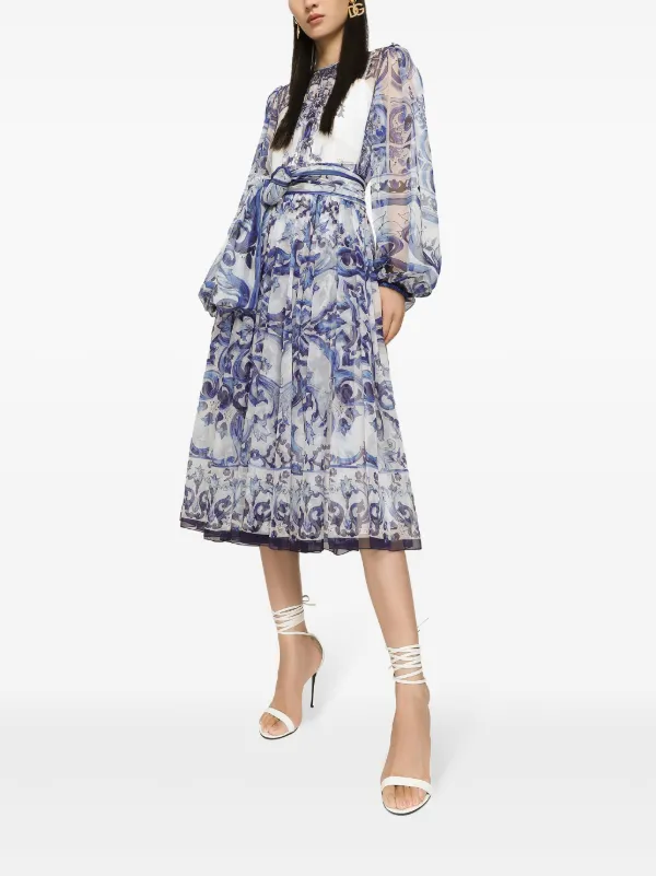 【Dolce&Gabbana】マジョリカプリントのシルクツイルドレス Dolce & Gabbana マジョリカプリント シルクドレス | ブルー