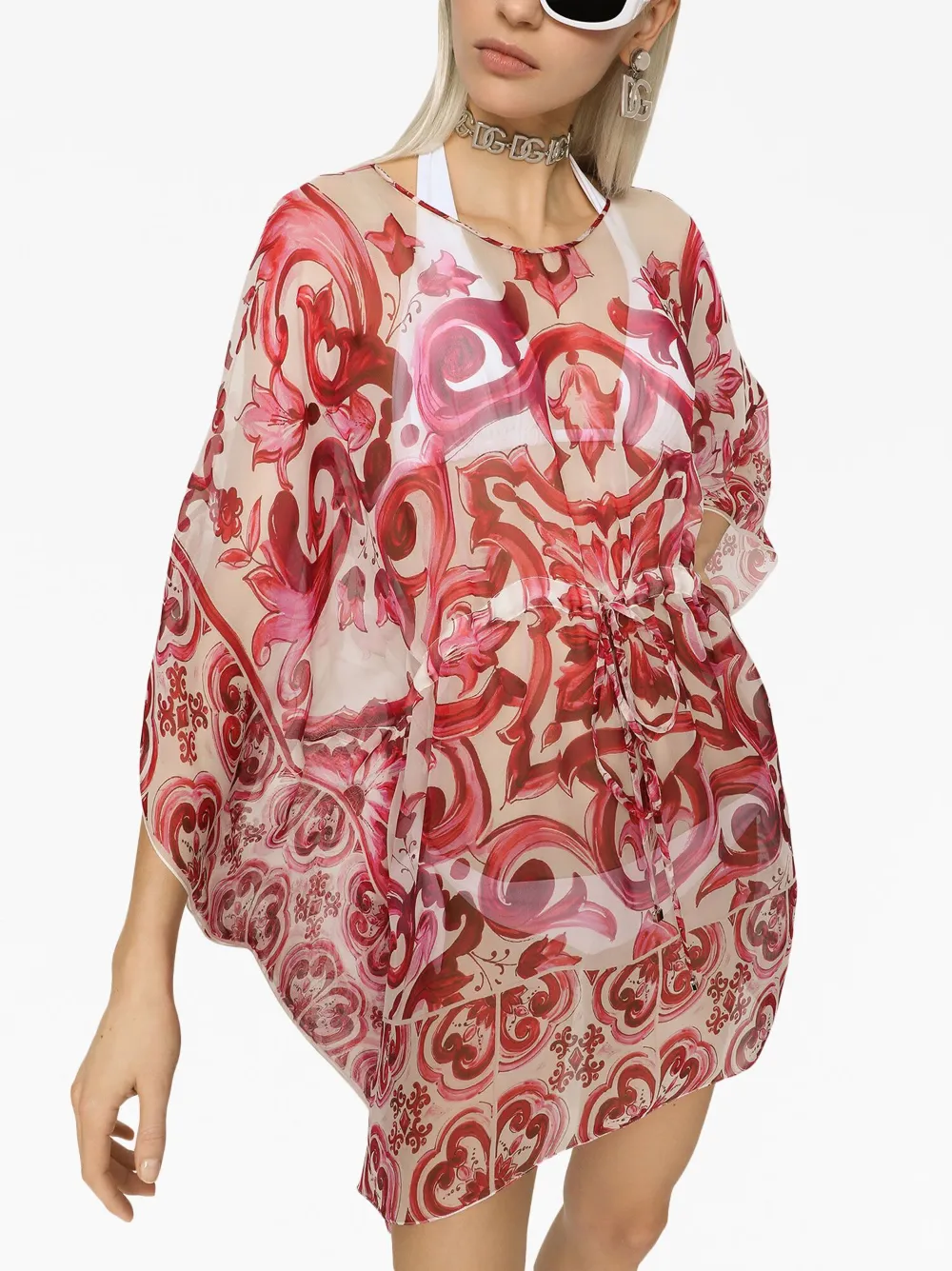 Shop Dolce & Gabbana Majolica-print Silk Kaftan Dress In Red