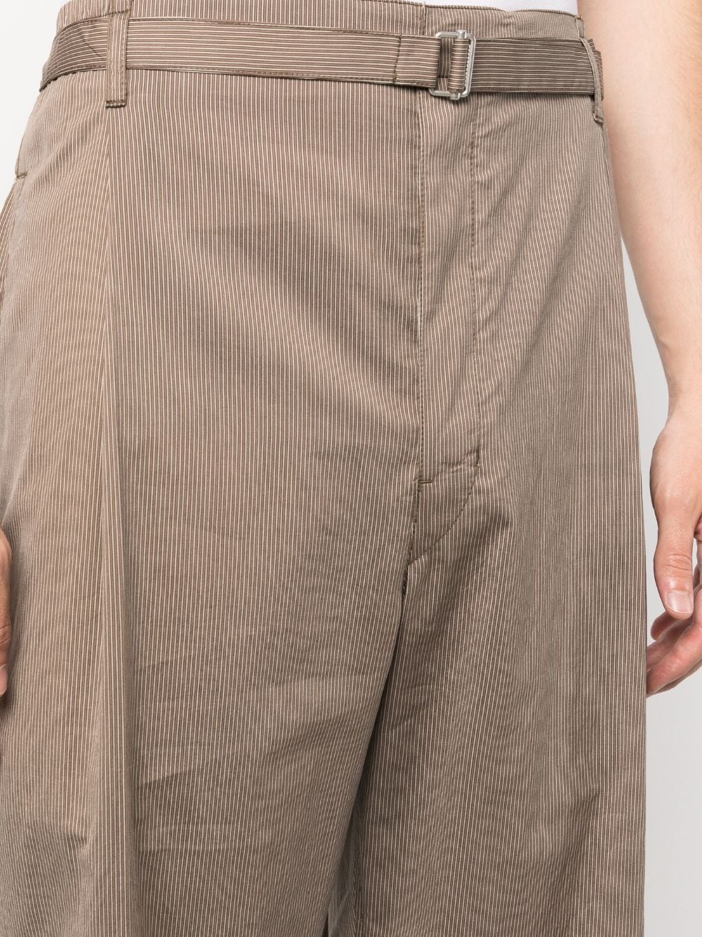 Shop Lemaire Stripe-pattern Belted-waist Trousers In Brown