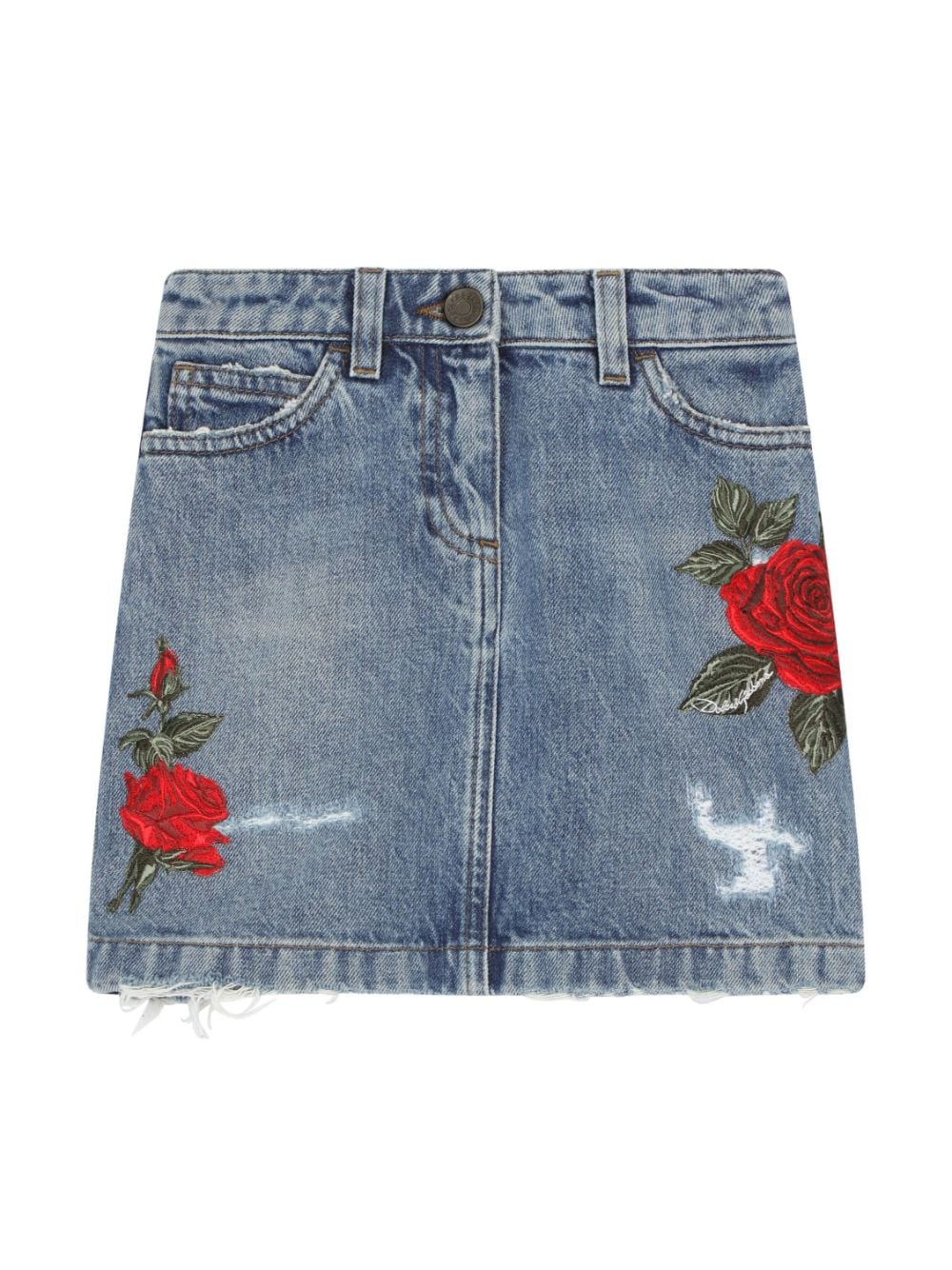 rose-embroidered denim skirt