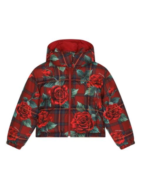 Dolce & Gabbana Kids rose tartan print puffer jacket