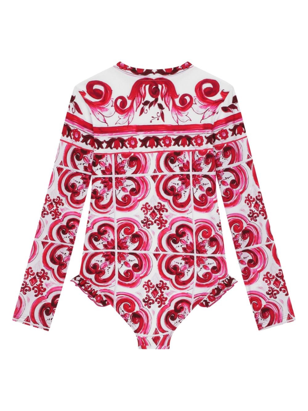 Shop Dolce & Gabbana Majolica Print Long-sleeve Swimsuit In Red