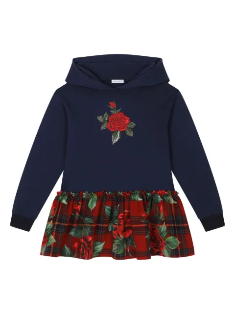 Dolce & Gabbana Kids rose-print tartan hoodie dress