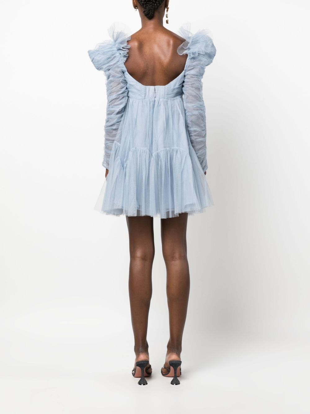 Shop Zimmermann Puff-sleeve Ruched Tulle Minidress In Blue