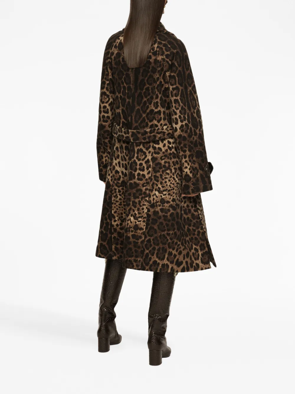 Dolce & Gabbana Leopard-print Belted Single-breasted Coat In Brown