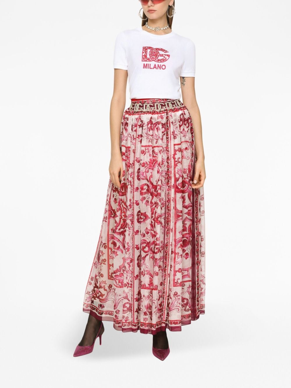 Shop Dolce & Gabbana Majolica-print Silk Maxi Skirt In Red