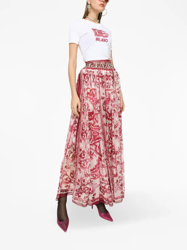 スカート DOLCE & GABBANA PRINTED STRETCH SATIN SKIRT Satin calf-length skirt with corset-style belt detail in