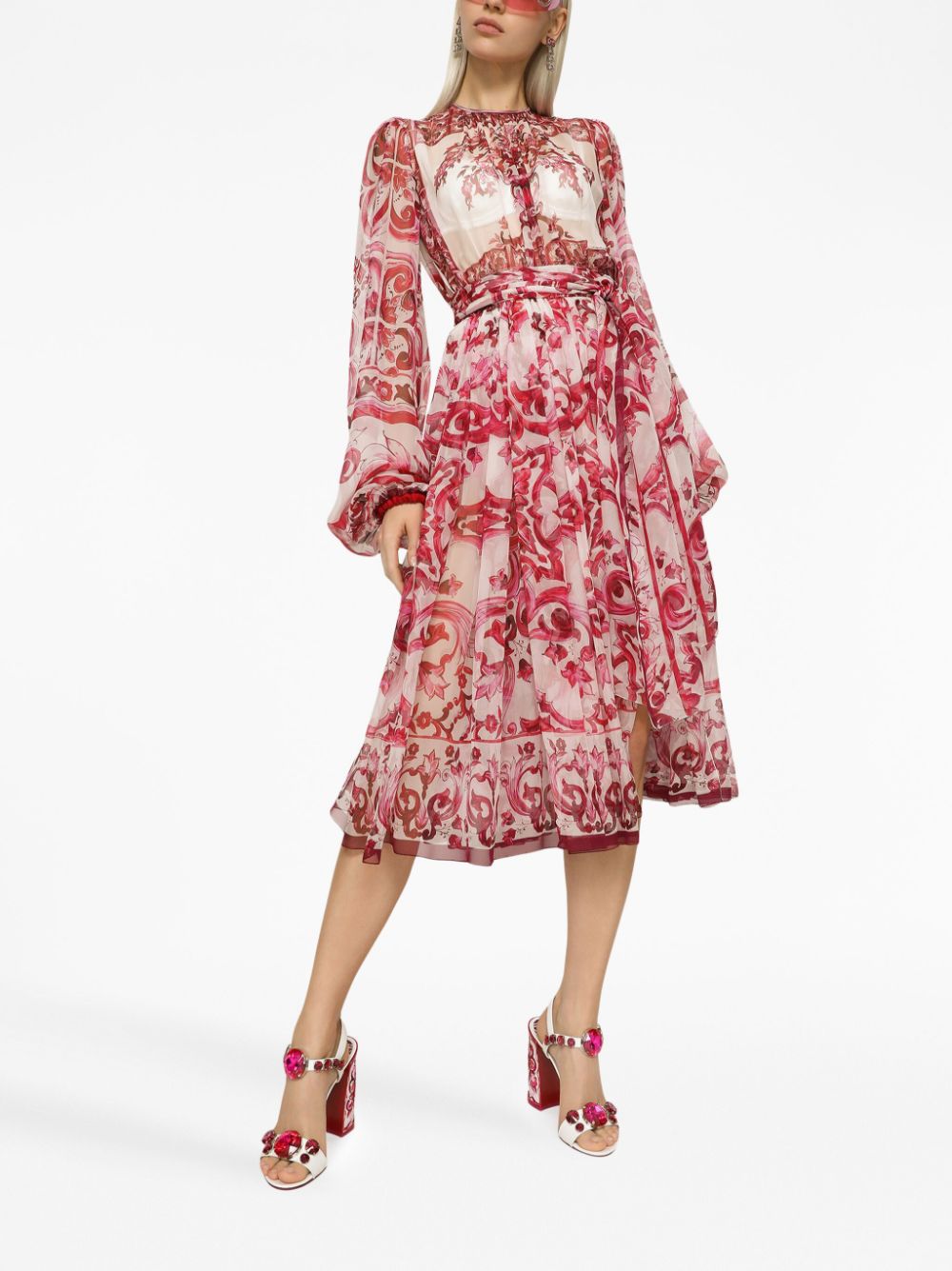 Shop Dolce & Gabbana Majolica-print Silk Dress In Red