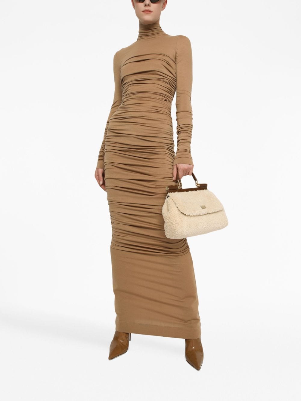 Shop Dolce & Gabbana Ruched Stretch-wool Maxi Dress In Brown