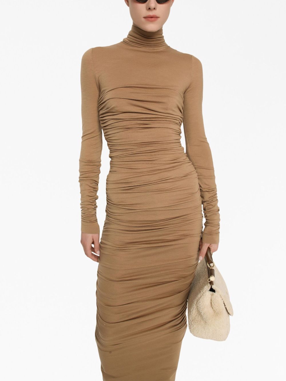 Shop Dolce & Gabbana Ruched Stretch-wool Maxi Dress In Brown