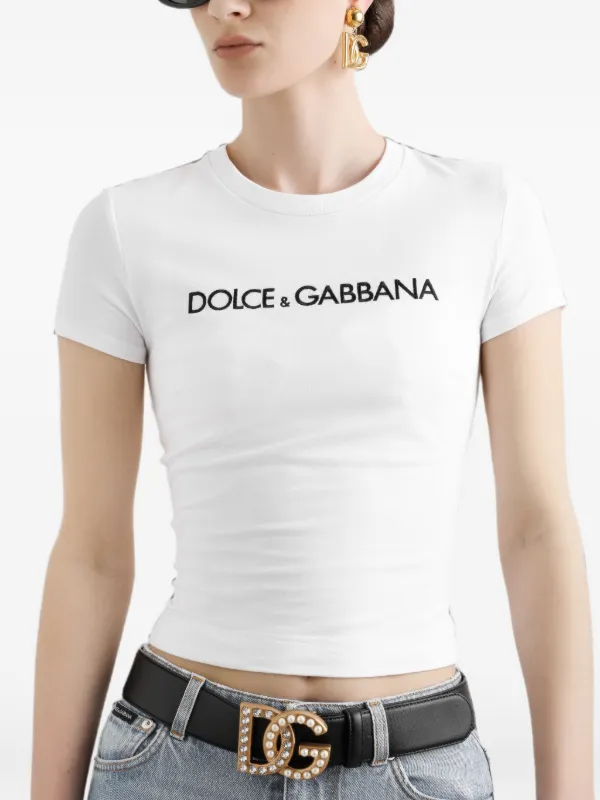 Dolce & Gabbana 2024年ロゴプレート Tシャツ レディース38 Dolce & Gabbana logo-embroidered stretch-cotton T-shirt | White