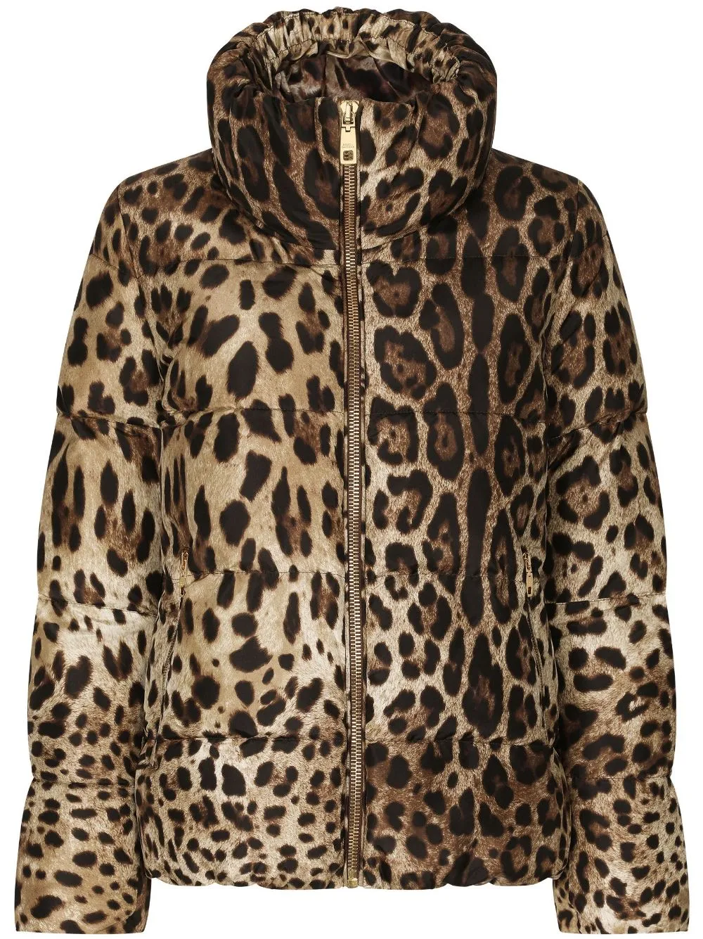Dolce & Gabbana Brown Down Jacket With High-neck With All-over Leo Print In Nylon Woman In Brown