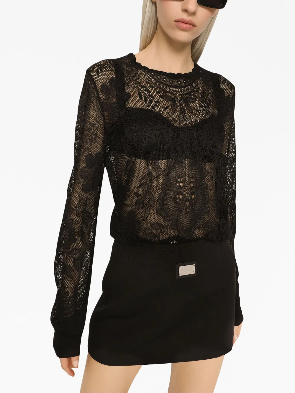 DOLCE & GABBANA FLORAL-LACE ROUND-NECK TOP