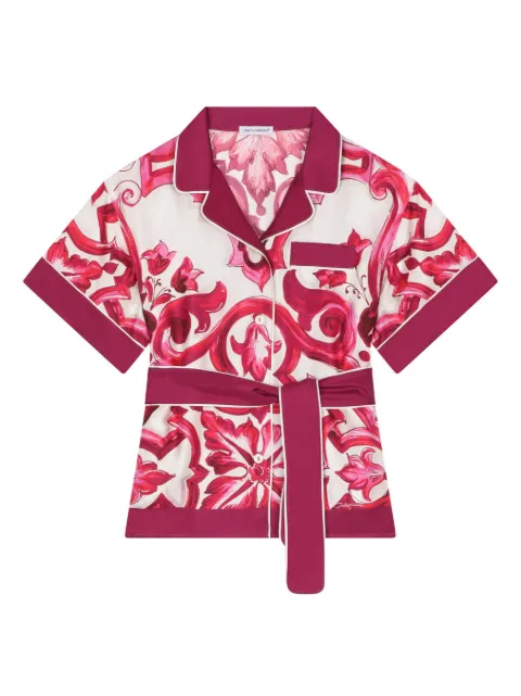 Dolce & Gabbana Kids Majolica-print belted silk shirt
