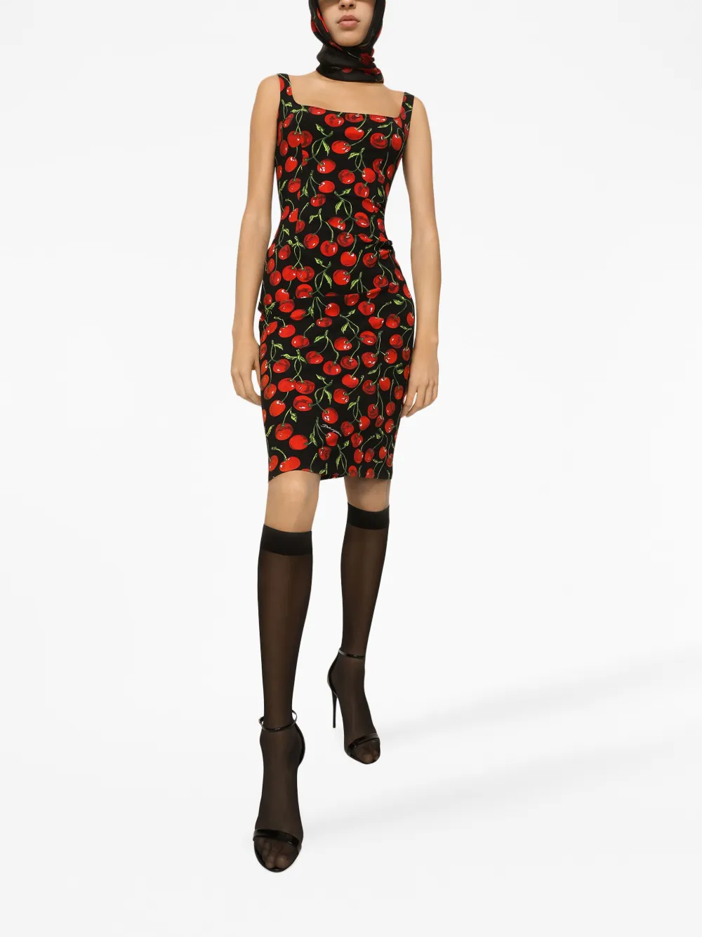 Shop Dolce & Gabbana Cherry-print Knee-length Dress In Black