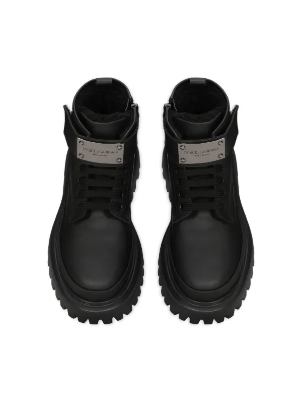 Dolce Gabbana Kids logo-plaque Leather Combat Boots Black FARFETCH IN