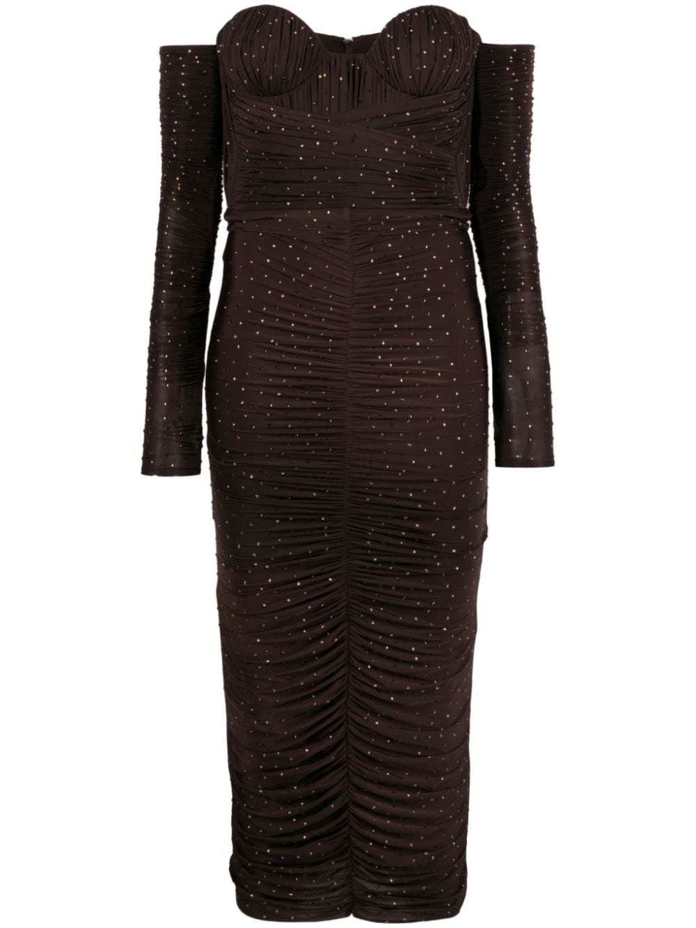 Shop Alex Perry Tylen Crystal-embellished Ruched Midi Dress In Brown