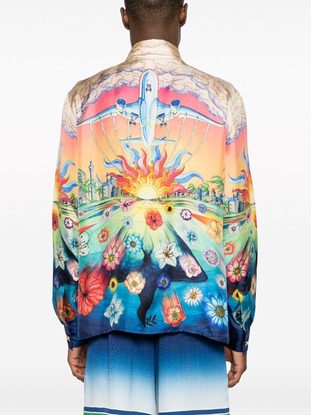 Shop Casablanca Graphic-print Silk Shirt In Blue