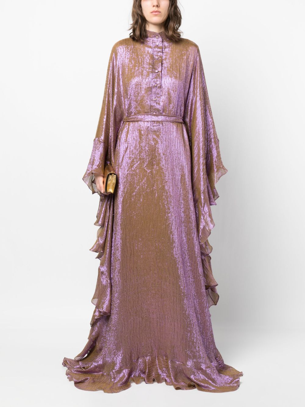 Shop Dina Melwani Ruffled-trim Tied-waist Silk Gown In Purple