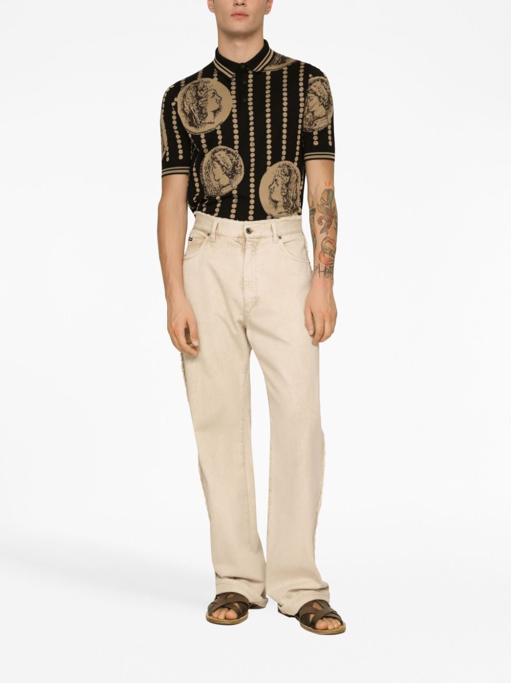 Shop Dolce & Gabbana Patterned-knit Silk Polo-shirt In Black