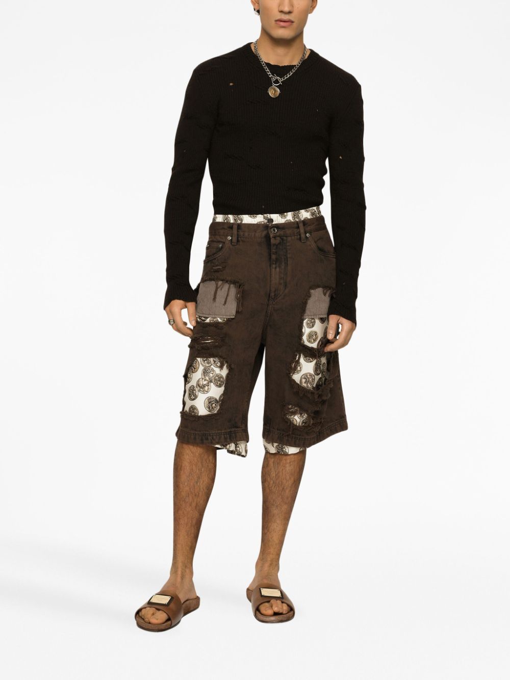 Shop Dolce & Gabbana Ripped Denim Shorts In Brown