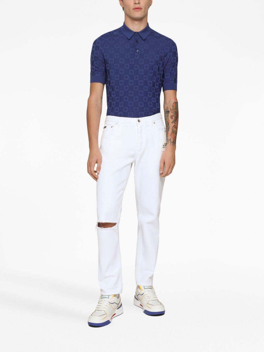 Shop Dolce & Gabbana Jacquard Silk Polo Top In Blue