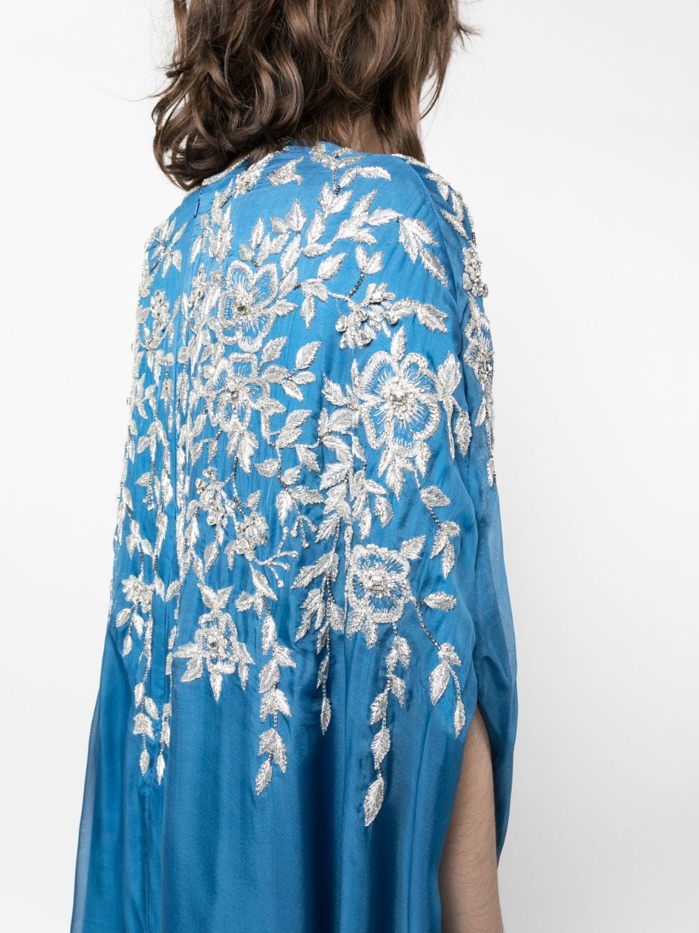 Shop Dina Melwani Embroidered-panel Cape-design Gown In Blue