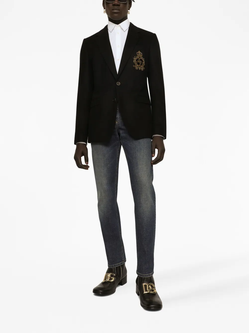 Shop Dolce & Gabbana Embellished Crest Single-breasted Blazer In Black