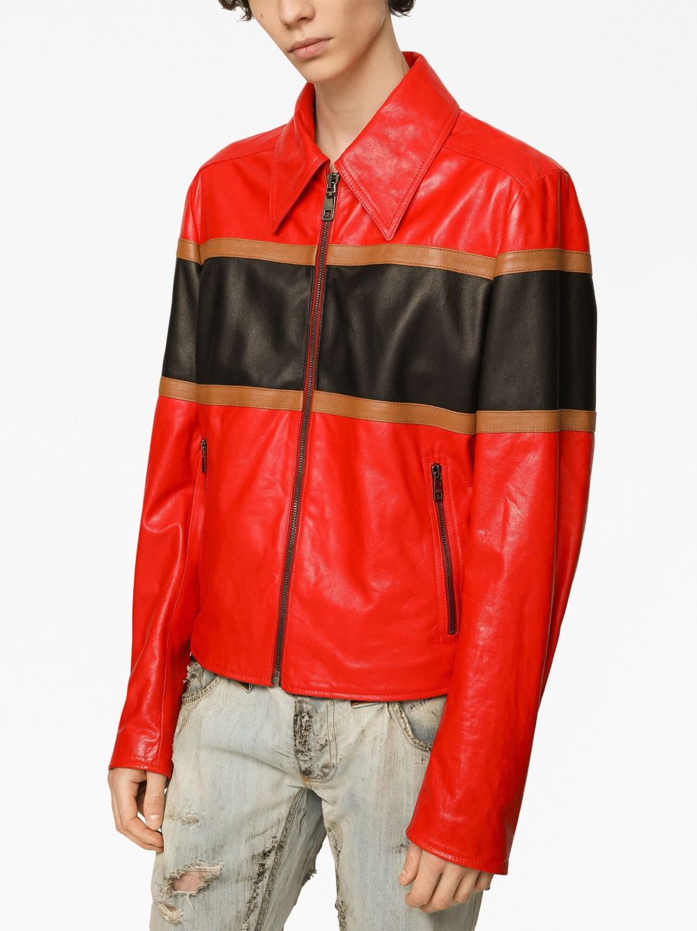 Shop Dolce & Gabbana Striped Leather Shirt Jacket In Red