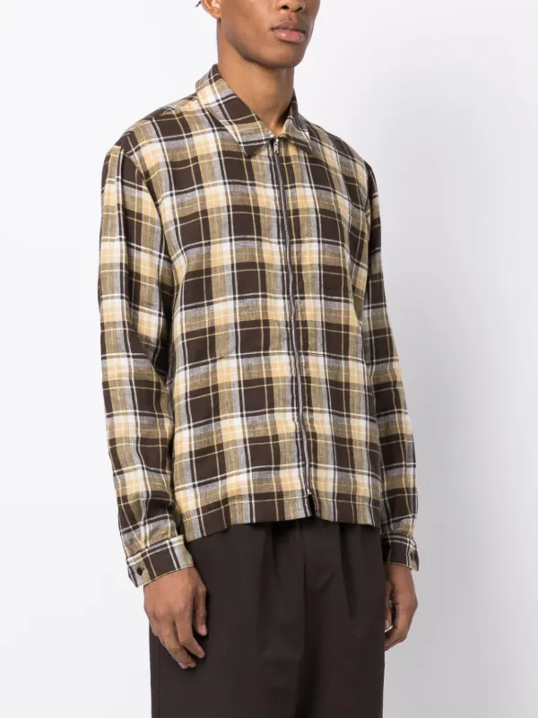 YMC Bowie Checked zip-up Shirt | Brown | FARFETCH LB
