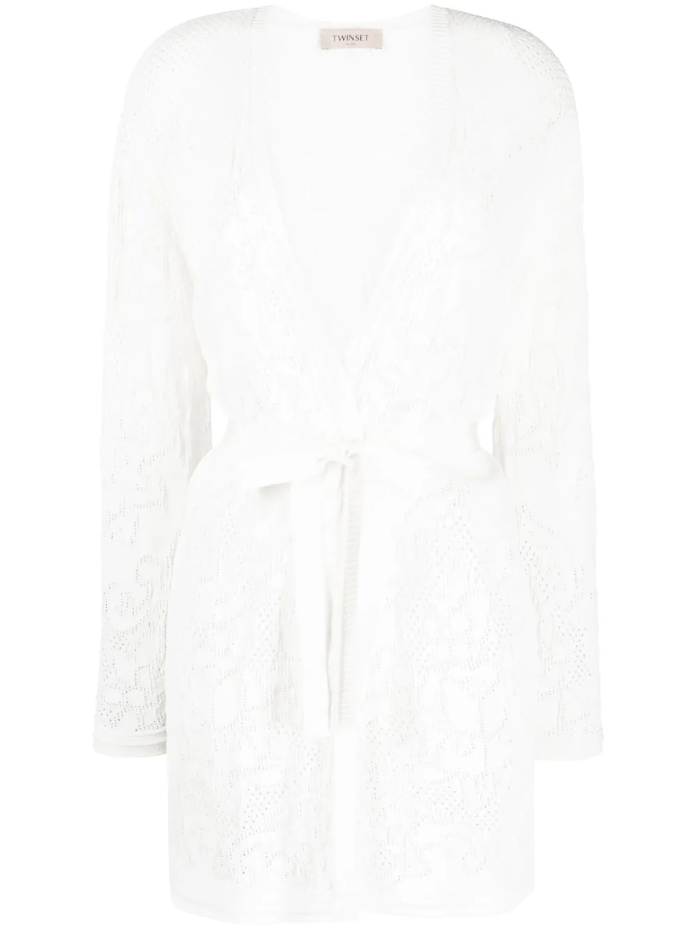 Twinset Pointelle-knit Belted Cardi-coat In Nude