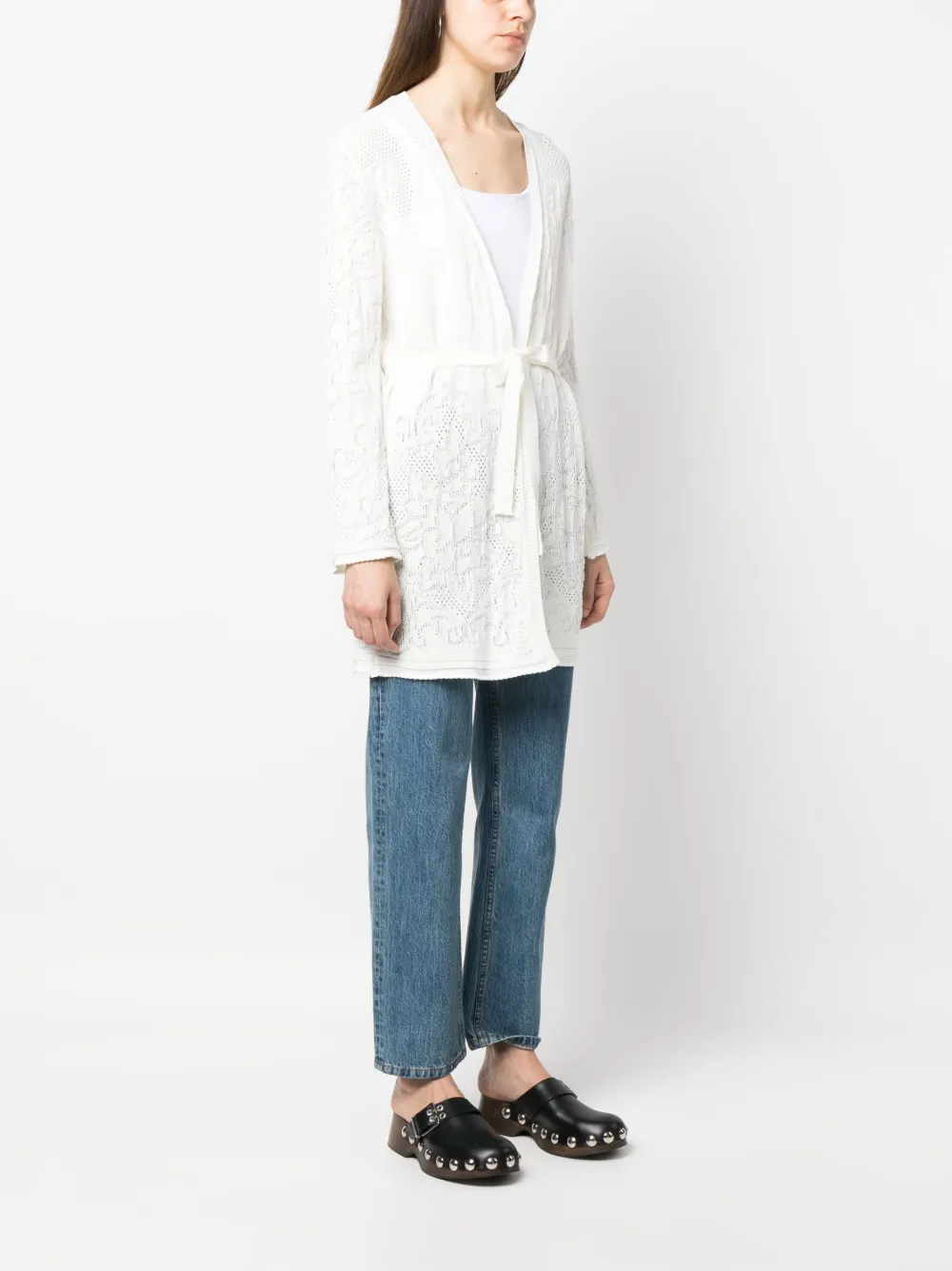 Twinset Pointelle-knit Belted Cardi-coat In Nude