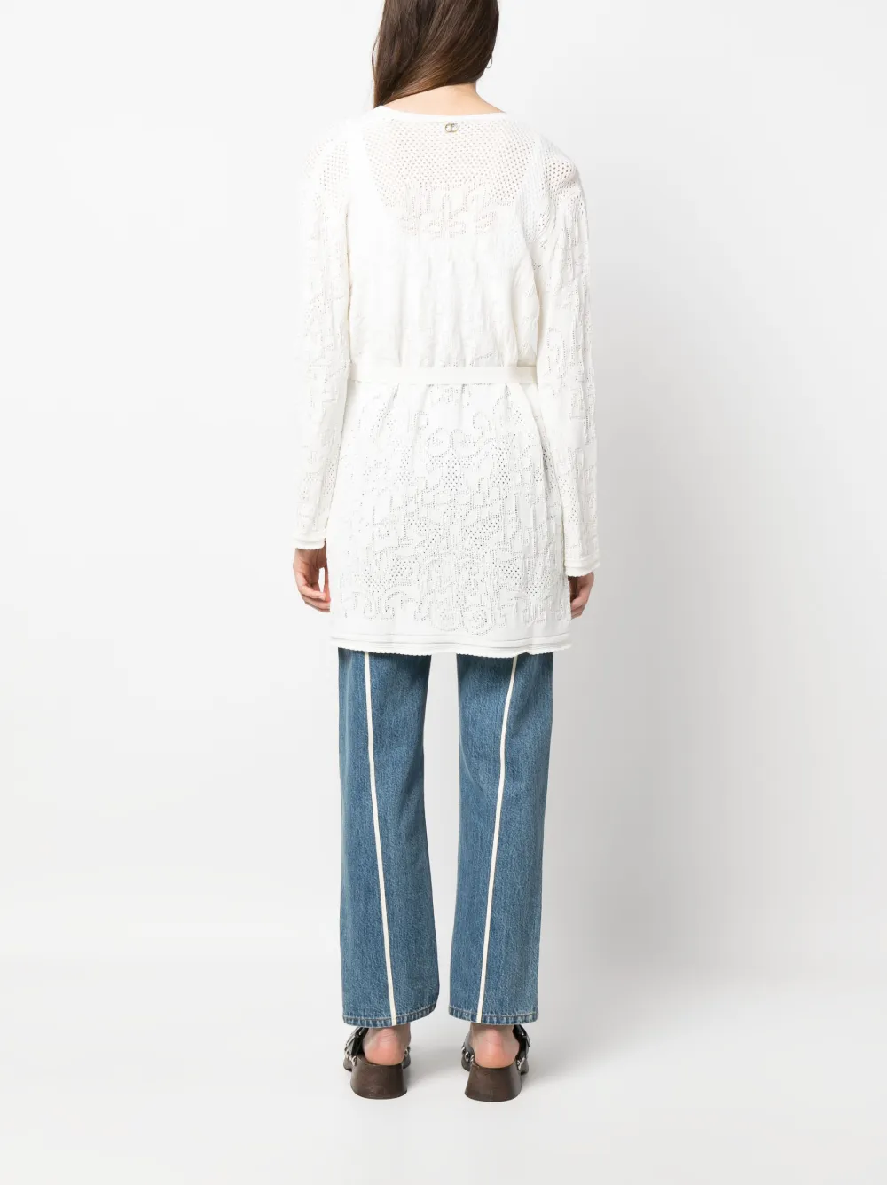 Twinset Pointelle-knit Belted Cardi-coat In Nude