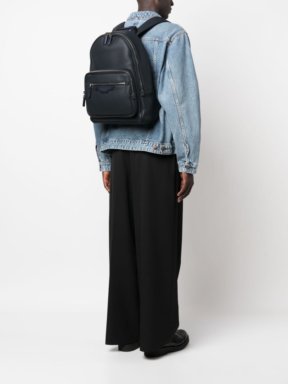 Shop Santoni Grained-texture Leather Backpack In Blue