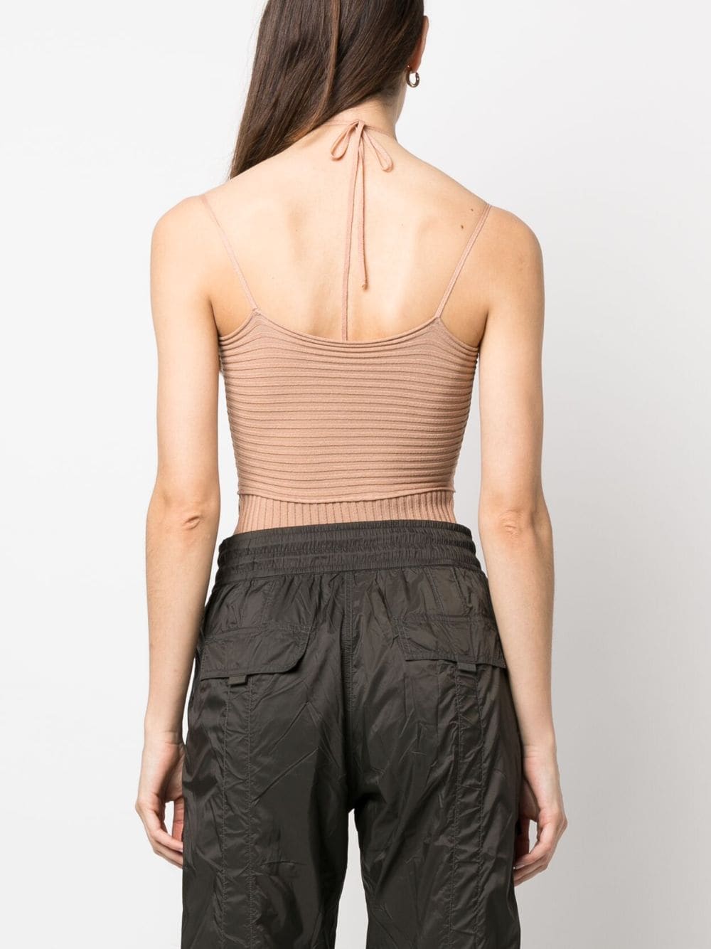 Shop Andreädamo Ribbed-knit Cut-out Bodysuit In Neutrals