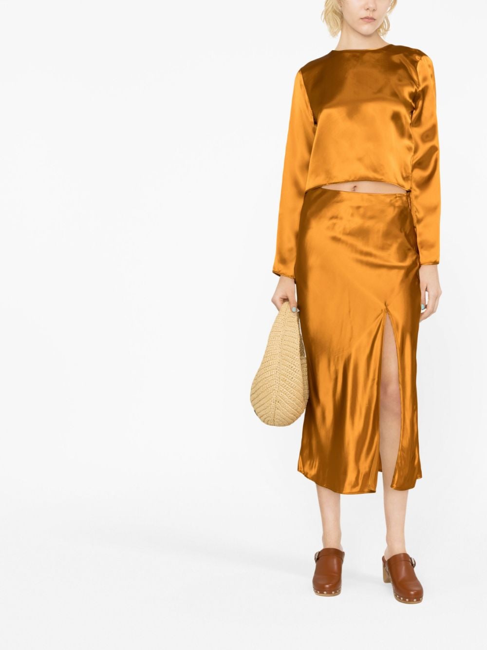 Shop Forte Forte Front-slit Satin Midi Skirt In Orange