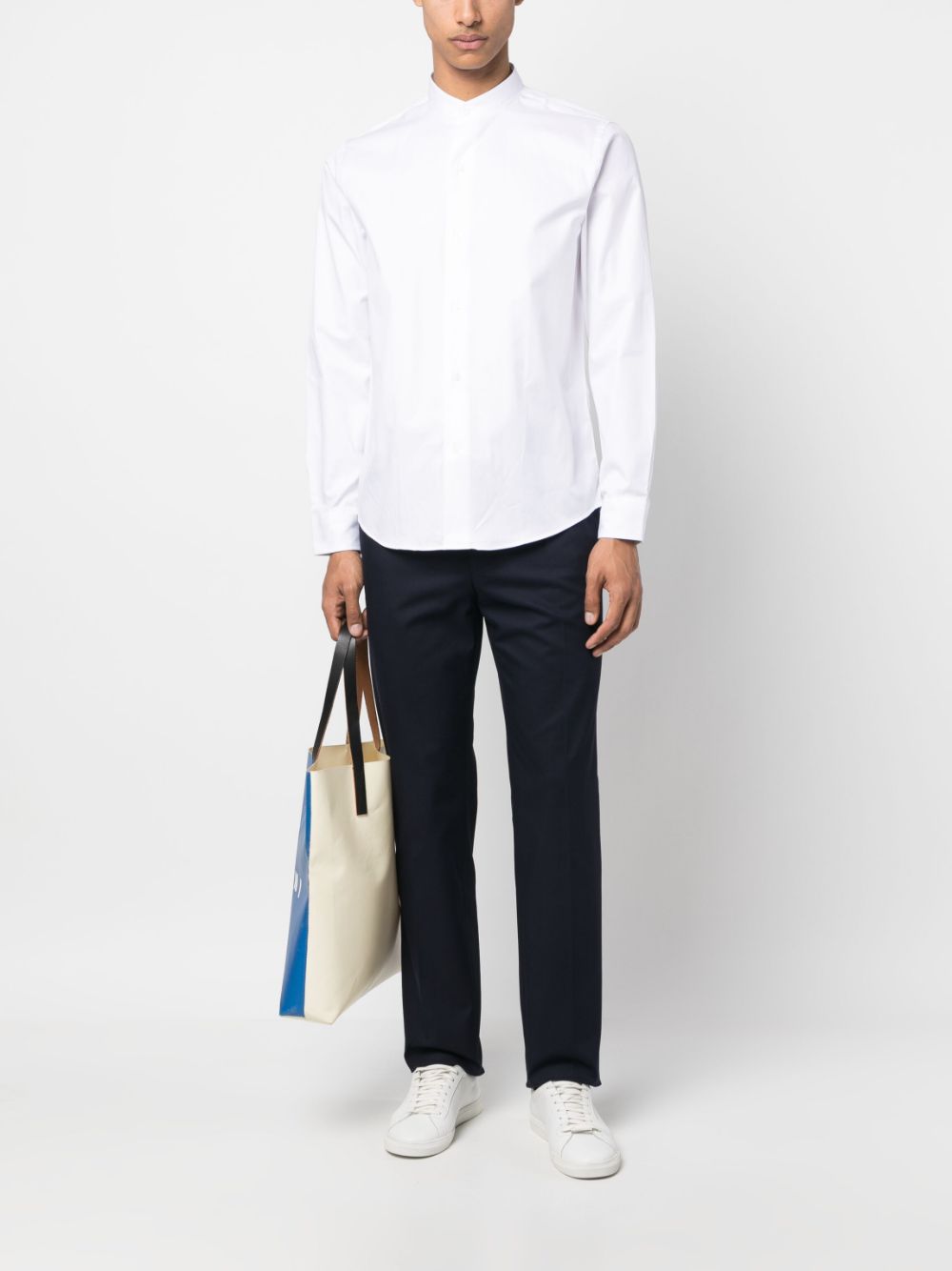 Shop Fursac Collarless Long-sleeve Cotton Shirt In White