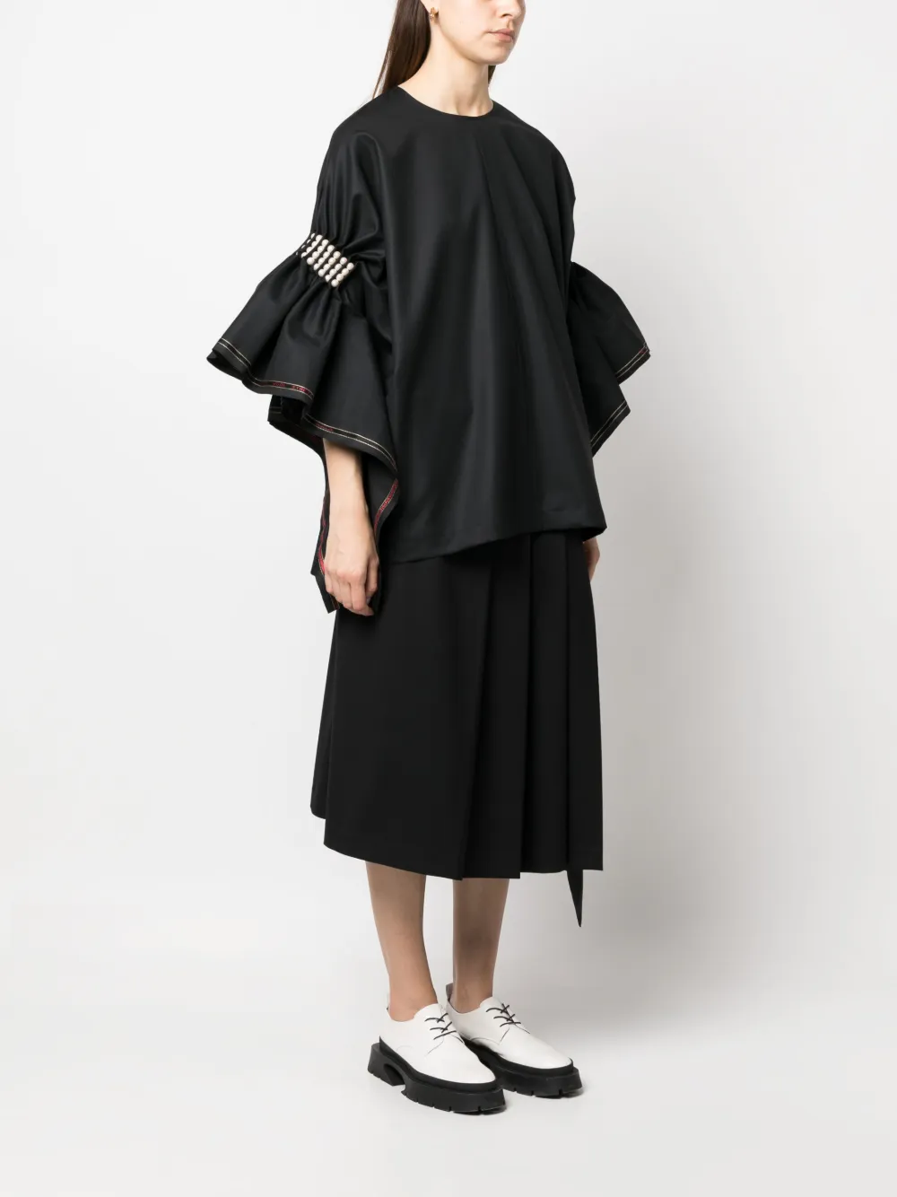 Junya Watanabe Faux-pearl-embellished Wool Blouse In Schwarz