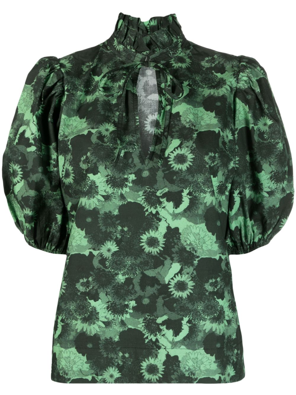 Ganni Floral Cotton Blouse In Green